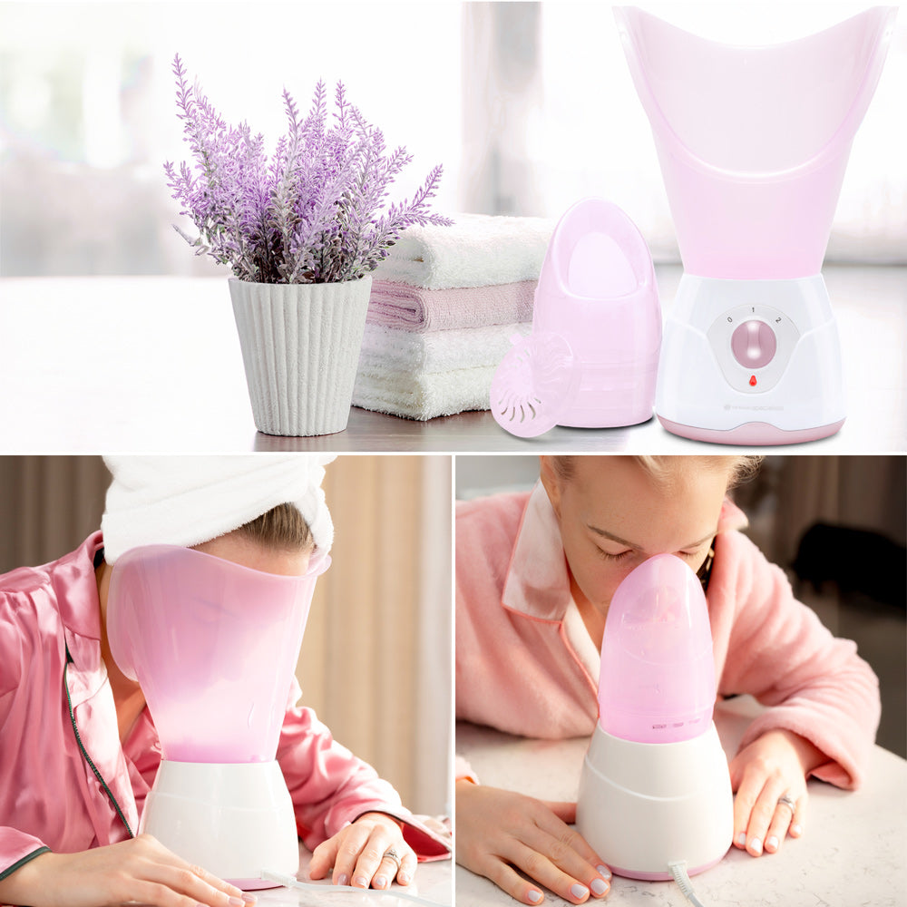 A collage features a lavender plant, stacked towels, and the Rio Facial Sauna Skincare with Steam Inhaler in pink, followed by two women in robes using the soothing steam at home.