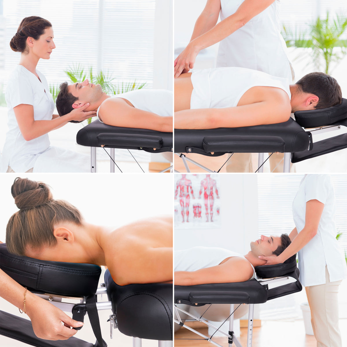 A collage of four images shows a man receiving a neck and head massage from a female therapist using the Rio Professional Aluminium Massage Table & Treatment Couch in a bright, clinical setting. The therapist adjusts the headrest for support.