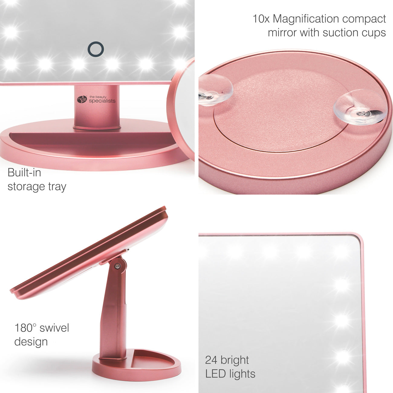 The Rio Rose Gold 24 LED Makeup Mirror features a mini removable 10X magnifying mirror, suction cups, built-in storage tray, and a 180° swivel design—shown from various angles to display its innovative features.