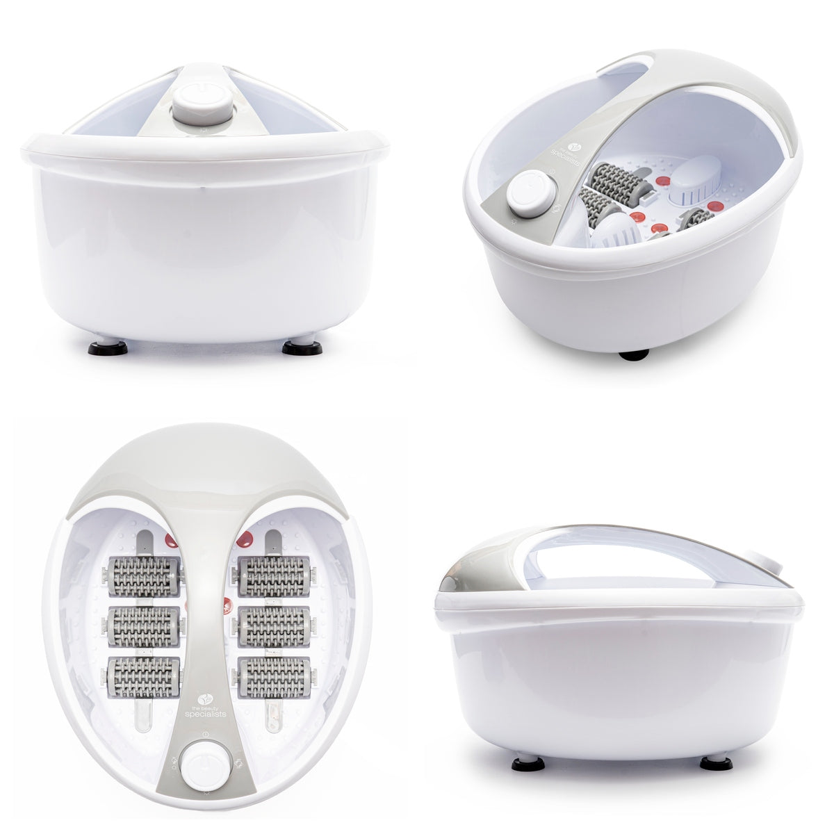 The Rio Deluxe Foot Spa Bath and Massager in white and gray is displayed from various angles, highlighting its deep basin, control knob, rollers, and convenient carrying handle.