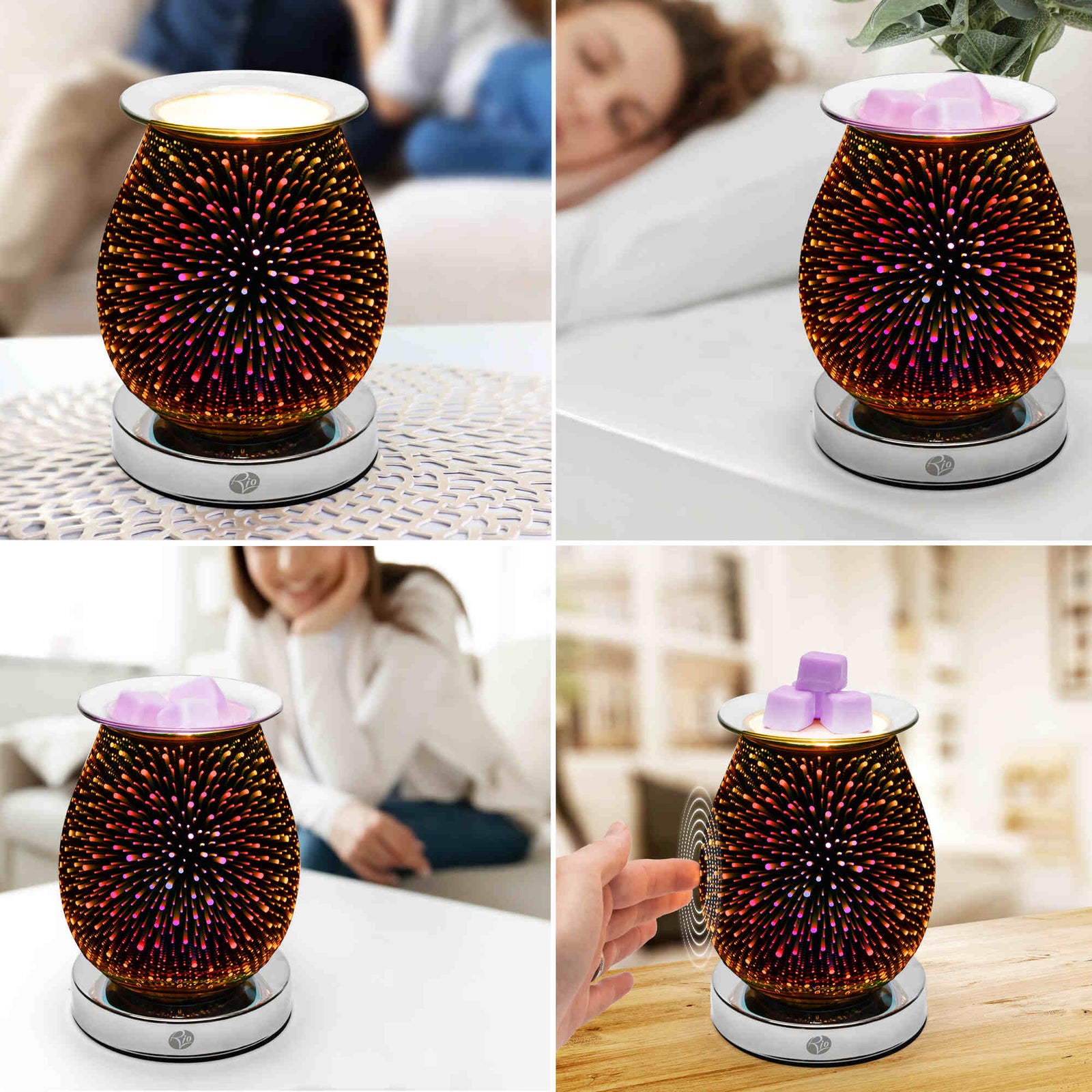 The Rio Alura Wax Melt Burner & Aroma Diffuser Lamp with a colorful 3D starburst design appears in four scenes: on a table, near a sleeping woman, with a smiling woman behind, and being switched on by hand.