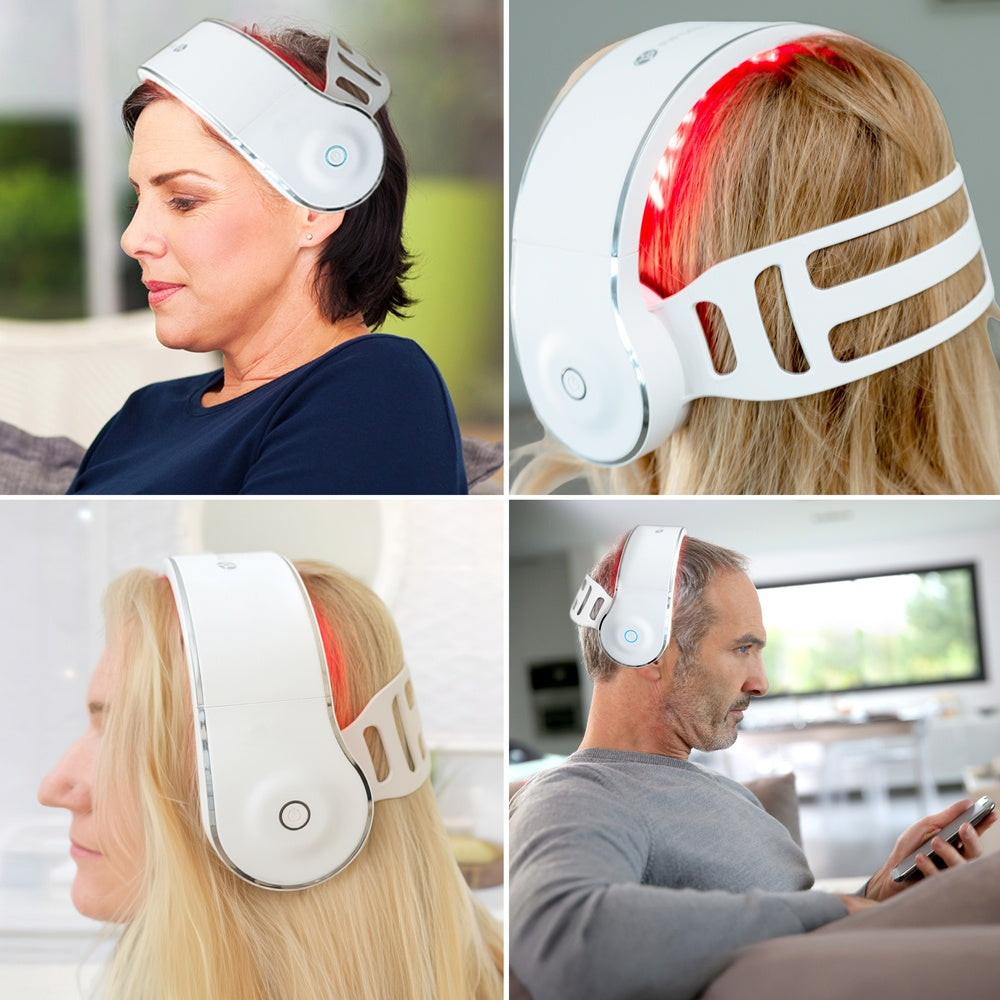 Four people, two men and two women, sit indoors wearing the Rio HairGrow Laser Head Band on their heads. The device covers the top and sides of their scalps and delivers red light therapy, likely for hair regrowth or scalp treatment.