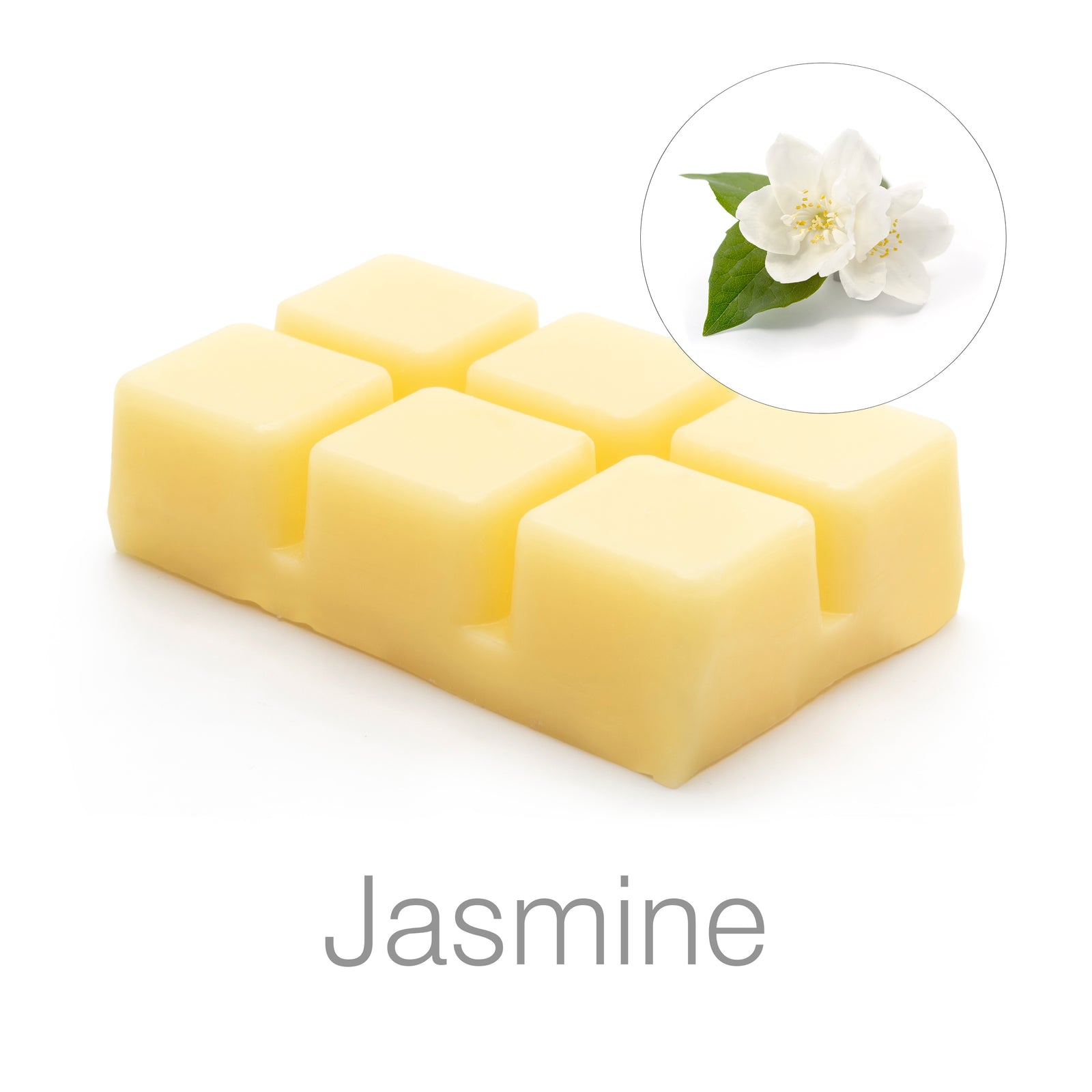 Rio’s Scented Soy Wax Melts - Pack of 5 Fragrances includes creamy yellow bars with six segments, labeled Jasmine and ideal for wax burners. Each bar features a circular inset with a white jasmine flower and green leaves.