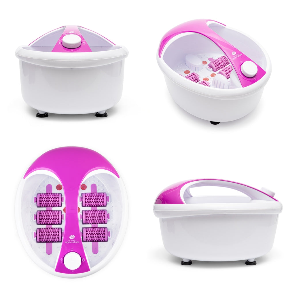 The Rio Deluxe Foot Spa Bath and Massager in purple is shown from four angles, highlighting its adjustable controls, built-in massage rollers, ergonomic handle, and vented lid.