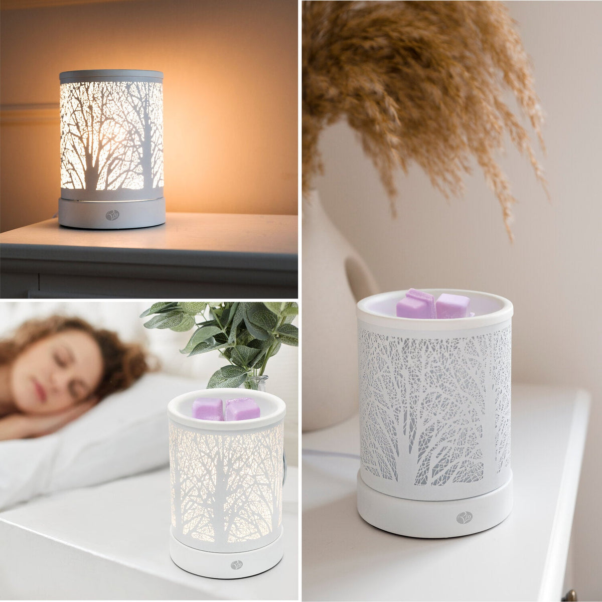 Collage of the Rio FORA Wax Melt Burner & Aroma Diffuser Lamp, glowing and unlit with wax melts inside, on a bedside table near a sleeping woman—bringing relaxing style amid dried grasses.