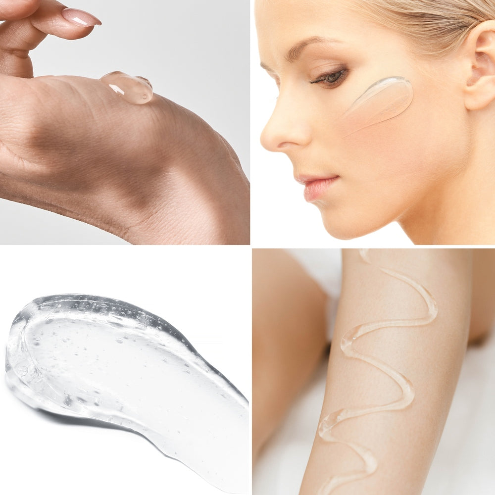 A collage shows Rio EMS, TENS, Electrolytic and Micro-Current Toning Conductive Gel 2 X 250ml: gel on a hand, woman applying to cheek, close-up of clear gel, and a wavy line on forearm—ideal for EMS or micro-current treatments.