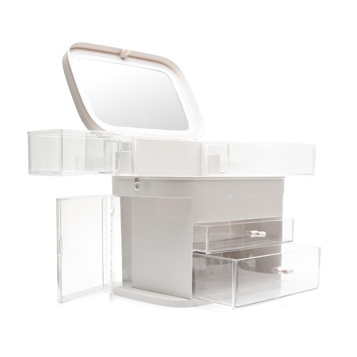 The Rio Ultimate Beauty Storage Box With Dimmable Mirror is a white and clear acrylic organizer featuring multiple compartments, side doors, pull-out drawers, and a built-in adjustable mirror for cosmetics and accessories.