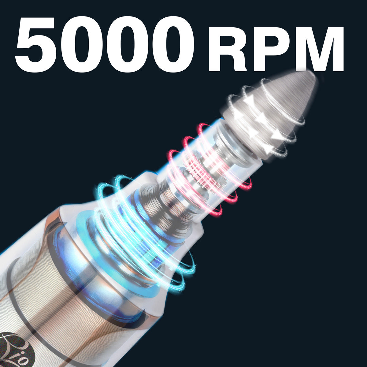 The Rio Precision Pro Electric Nail File is shown as a metallic drill with digital blue and red swirling lines, highlighting precision nail care. Large white text above reads 5000 RPM on a dark background.