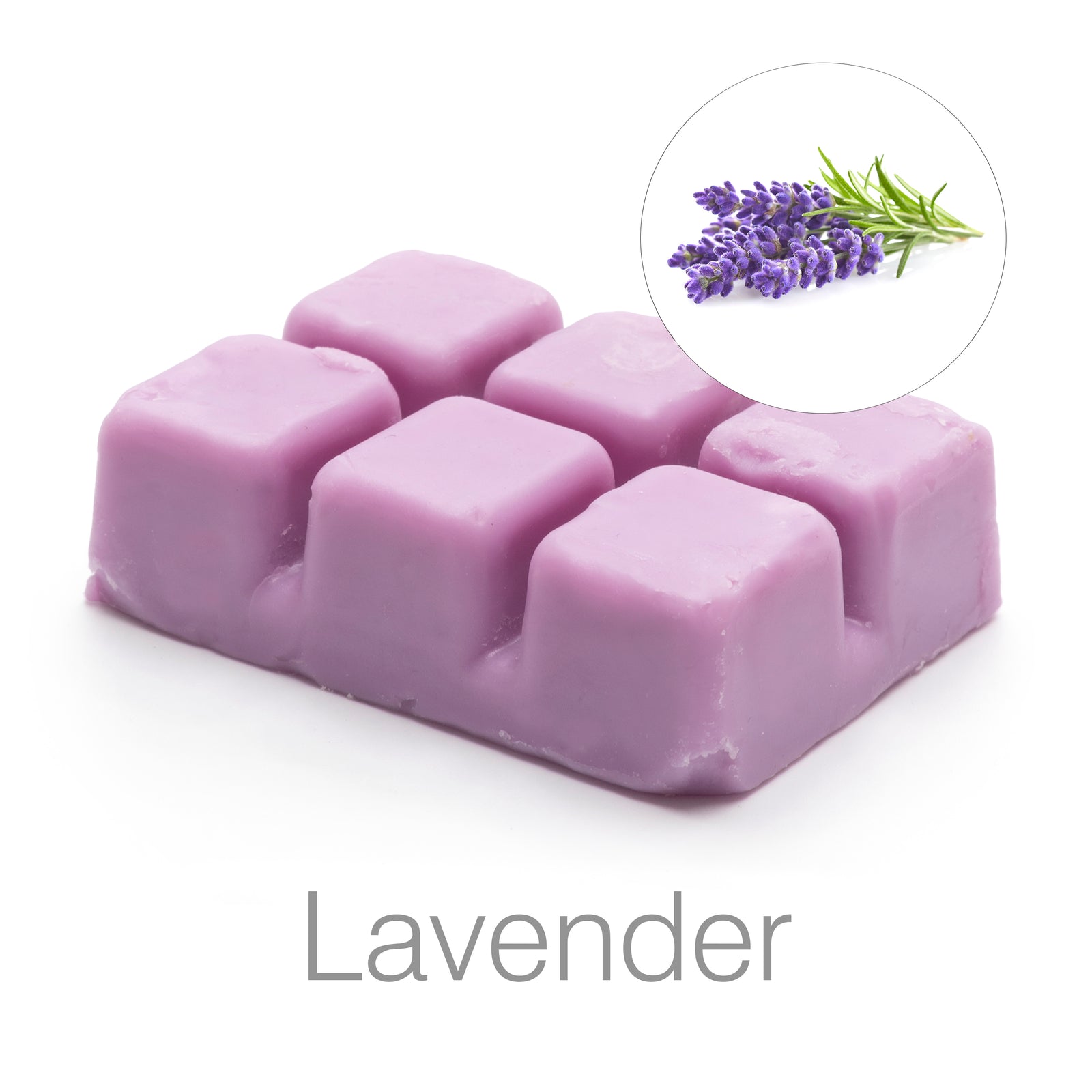 A purple, cube-shaped Rio Scented Soy Wax Melt block with lavender flowers in a circle above it and “Lavender” printed below. Perfect for wax burners and fans of scented melts. Pack includes 5 fragrances.