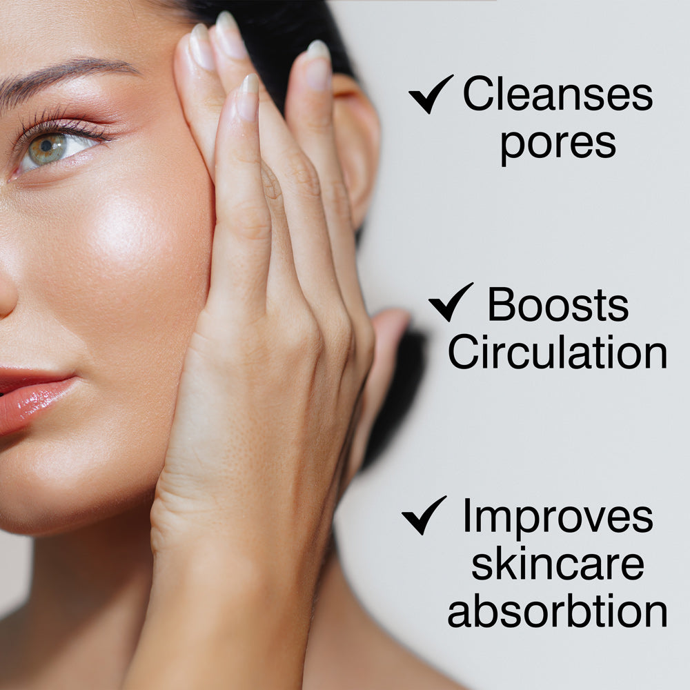 A close-up of a woman touching her face, highlighting Rios Facial Sauna Skincare with Steam Inhaler. Benefits shown with check marks: Cleanses pores, boosts circulation, and improves skincare absorption.