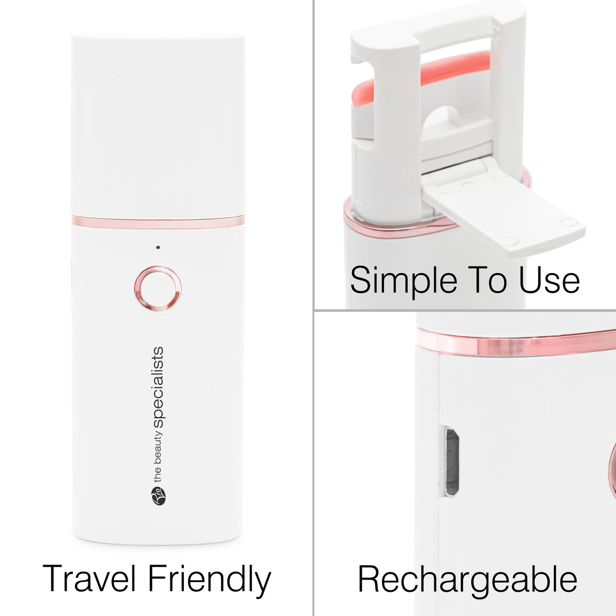 The Rio WOW Lash Heated Eyelash Curler in white and rose gold is displayed from various angles. Key features—Travel Friendly, Simple To Use, and Rechargeable—offer beautiful lashes anytime, anywhere.
