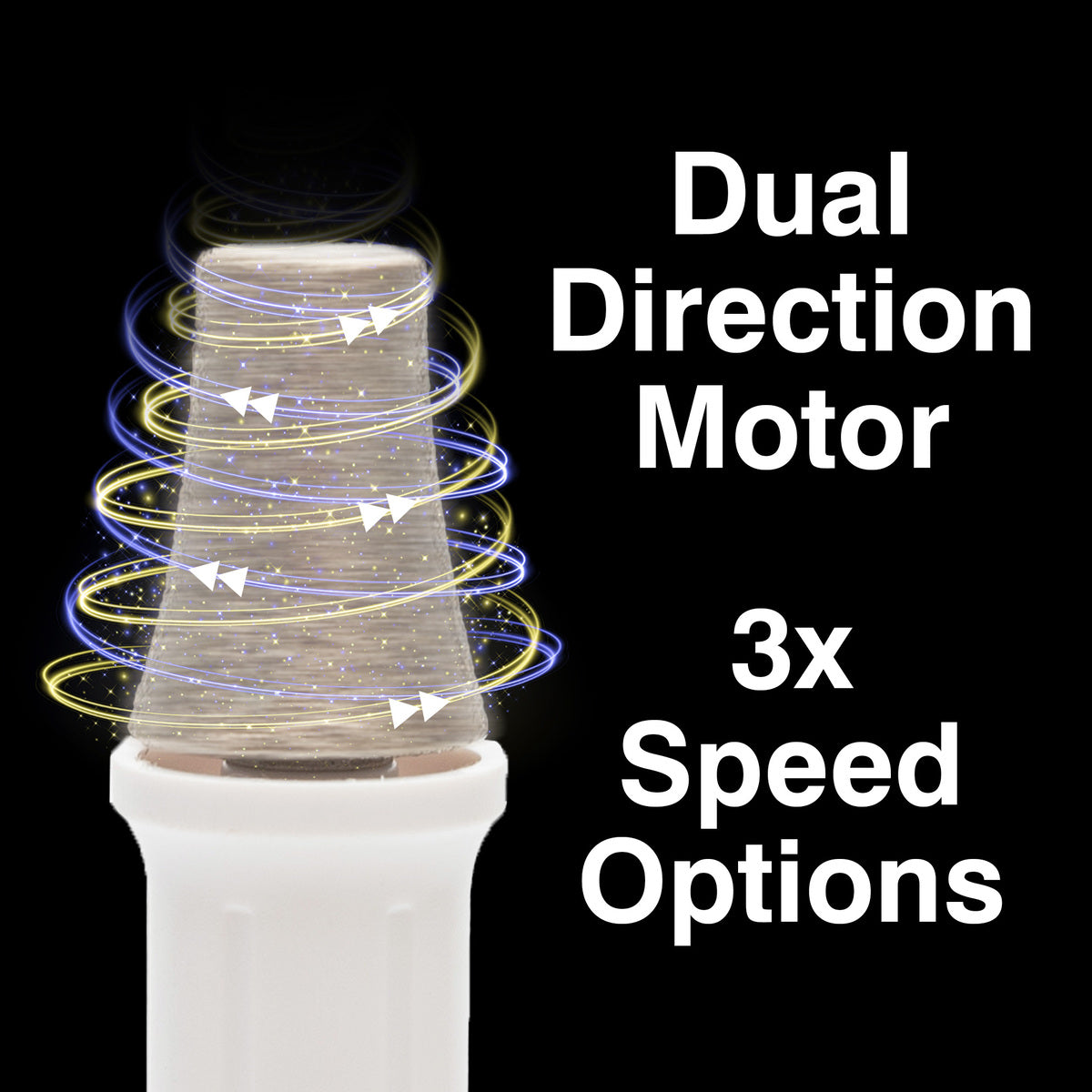 A close-up of the Rio Precision Pro Electric Nail File shows its textured, transparent top. Swirling arrows and sparkles illustrate motion. Text: Dual Direction Motor & 3x Speed Options for precise nail care on a black background.