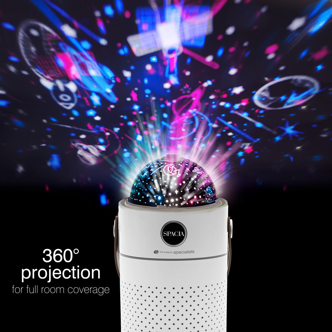 The Rio Galaxy Projector Childrens Essential Oil Diffuser, Humidifier, and Night Light emits vibrant patterns across a dark room with 360° projection for full coverage, combining soothing lights with essential oil diffusion.