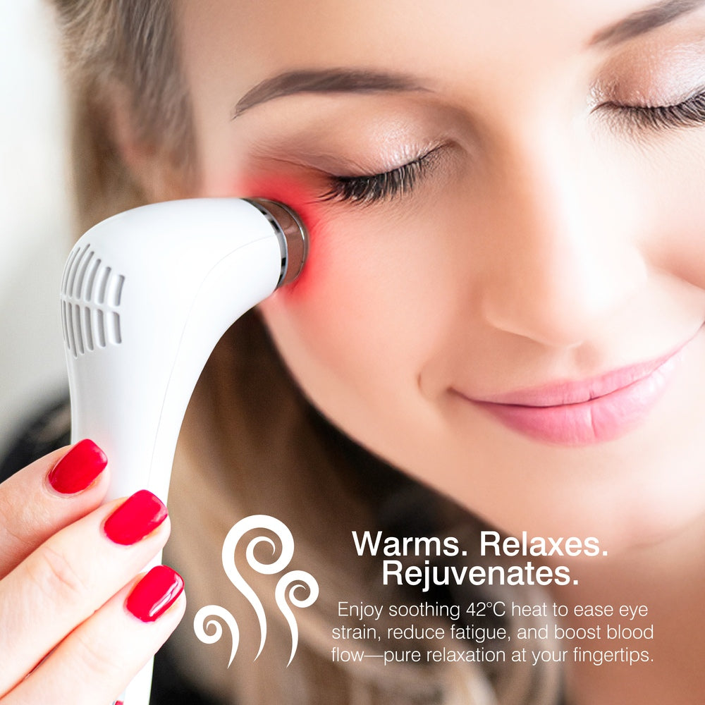 A woman uses the Rio Eye Refreshing Massager under her eye, looking relaxed. Text reads: Warms. Relaxes. Rejuvenates.—providing soothing heat to ease eye strain, reduce puffiness, and enhance circulation.