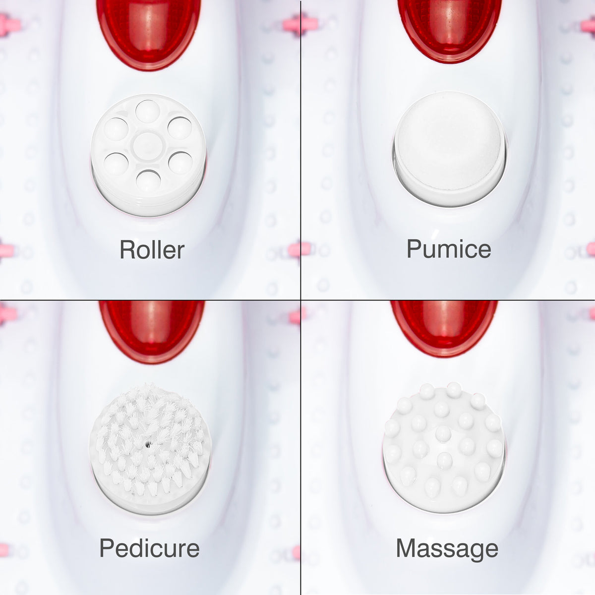 Four close-up images show interchangeable Roller, Pumice, Pedicure, and Massage attachments for the Rio Soothing Waves Foot Bath Spa & Massager against a white background with red accents, promising relaxing indulgence for your feet.