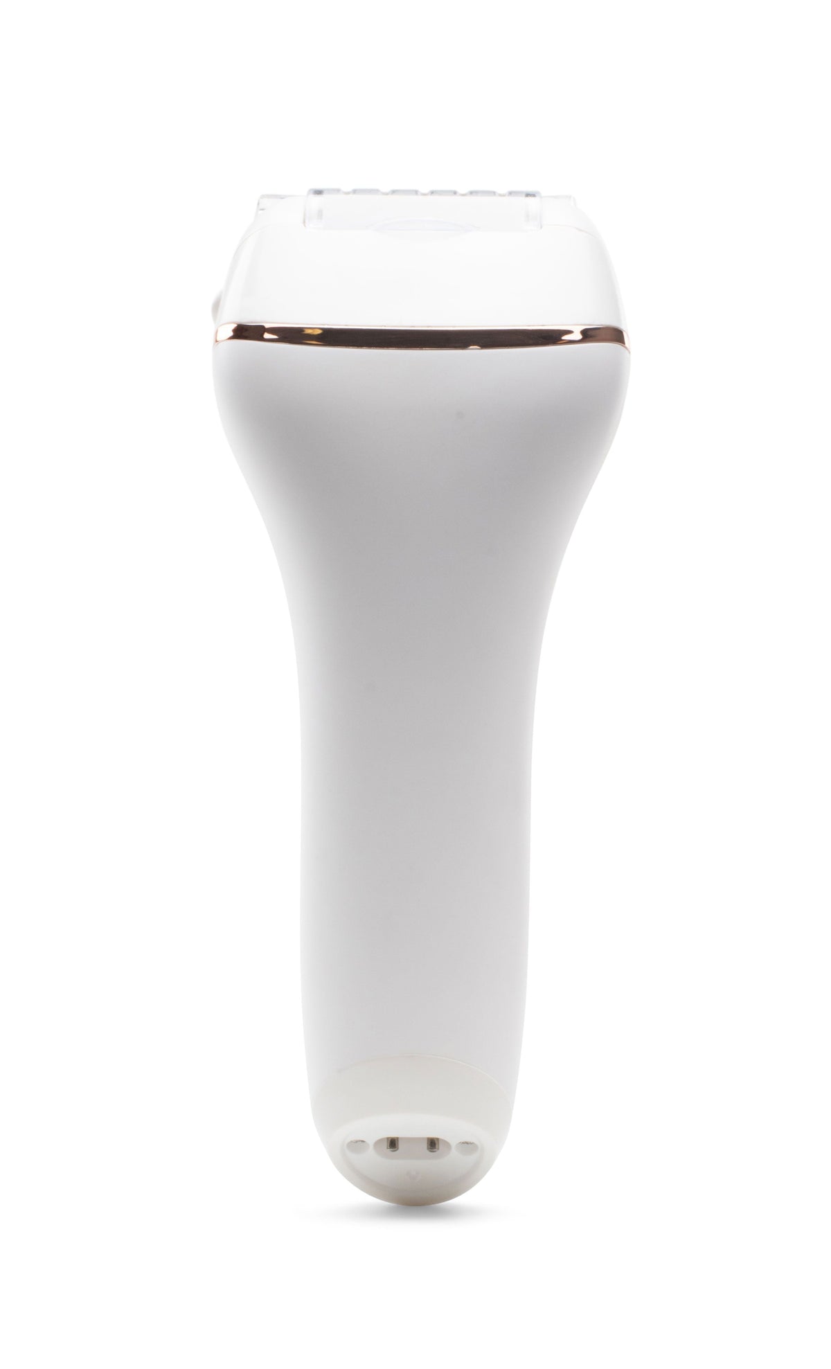 The Rio Go Smooth 60 Second Foot File Hard Skin Remover is a white handheld device with a sleek, curved design and metallic accents, ideal for foot care or a quick pedi. Shown standing upright against a white background.