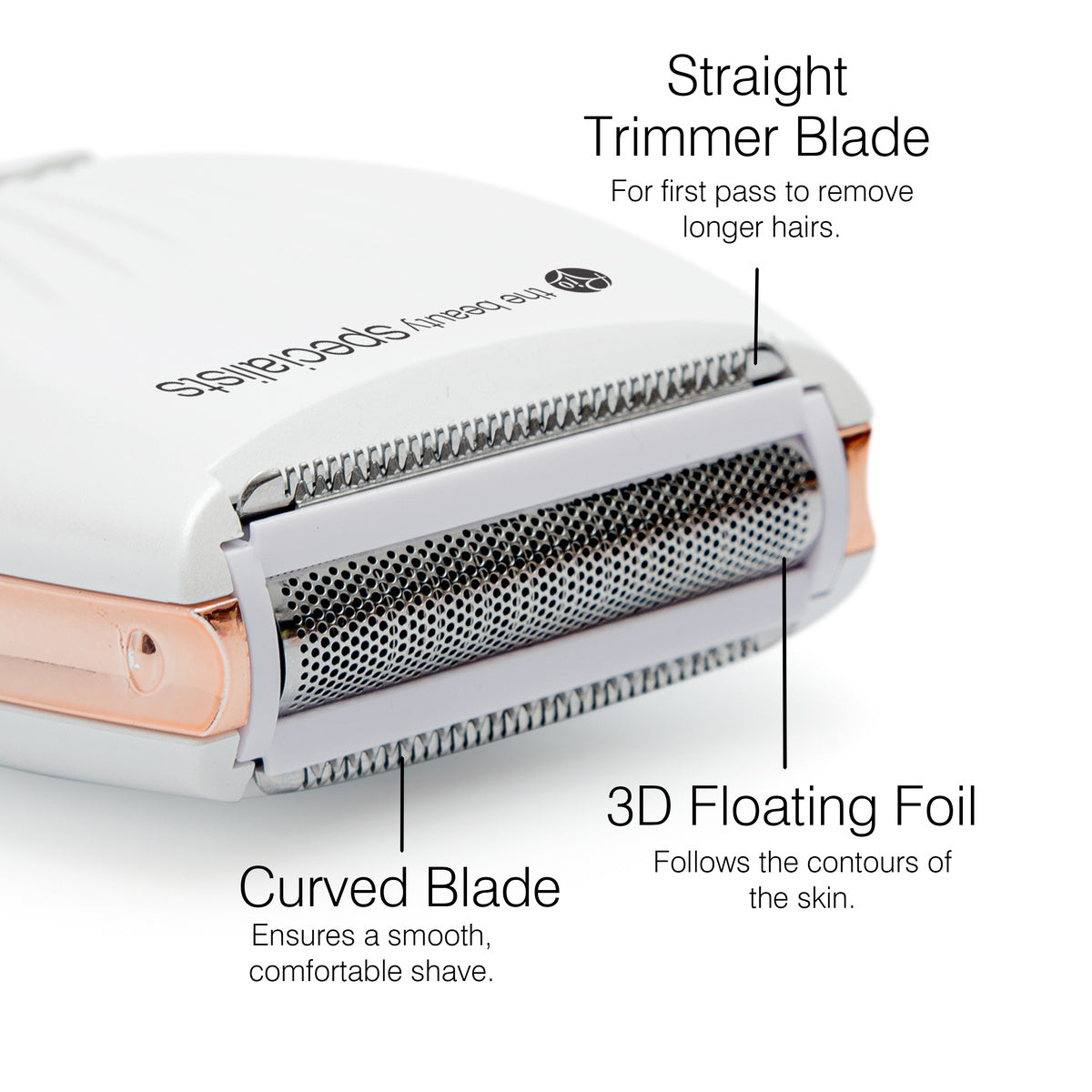 Close-up of the Rio GO SMOOTH Lady Shaver showing labeled parts: straight trimmer blade for longer hairs, 3D floating foil for contouring, and curved blade for a smooth, effortless shave.