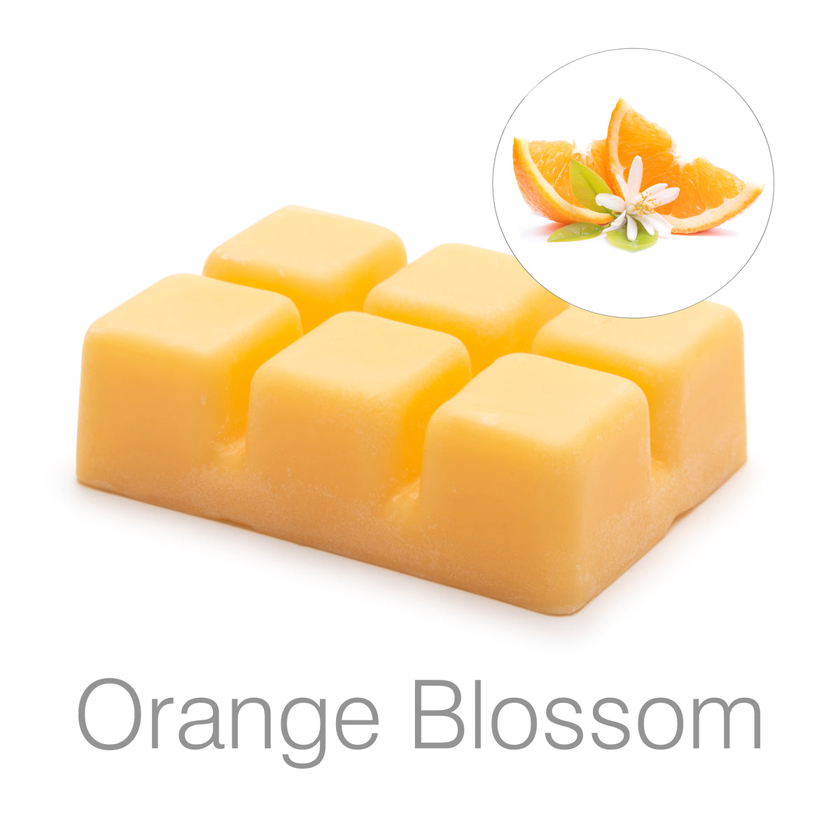 The Rio Scented Soy Wax Melts - Pack of 5 Fragrances includes yellow, square-shaped wax melts labeled Orange Blossom, featuring images of orange slices and white flowers—ideal for wax burners to enjoy delightful scents.