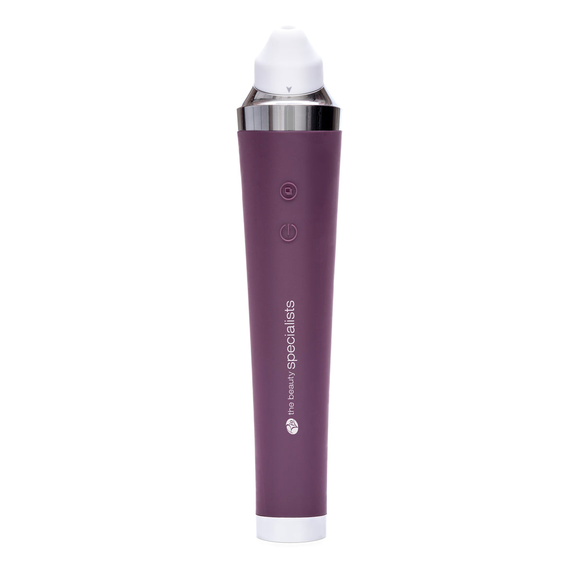 The Rio Pore Perfection is a purple handheld skincare device with a white tip, power button, and circular front button, shown upright against a white background—perfect for pore cleansing and achieving beautiful skin.