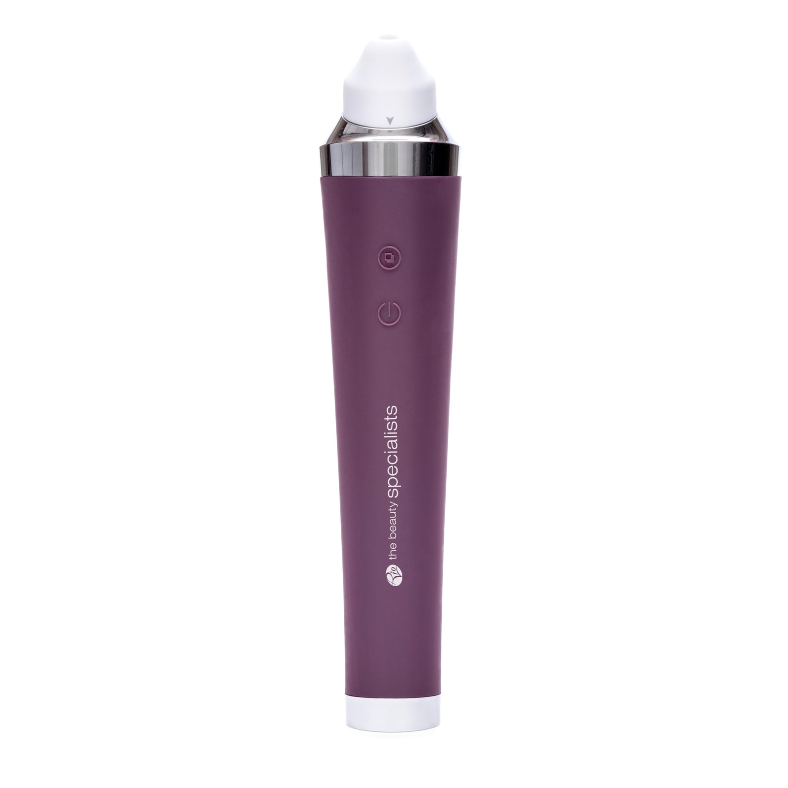 The Rio Pore Perfection is a purple handheld skincare device with a white tip, power button, and circular front button, shown upright against a white background—perfect for pore cleansing and achieving beautiful skin.