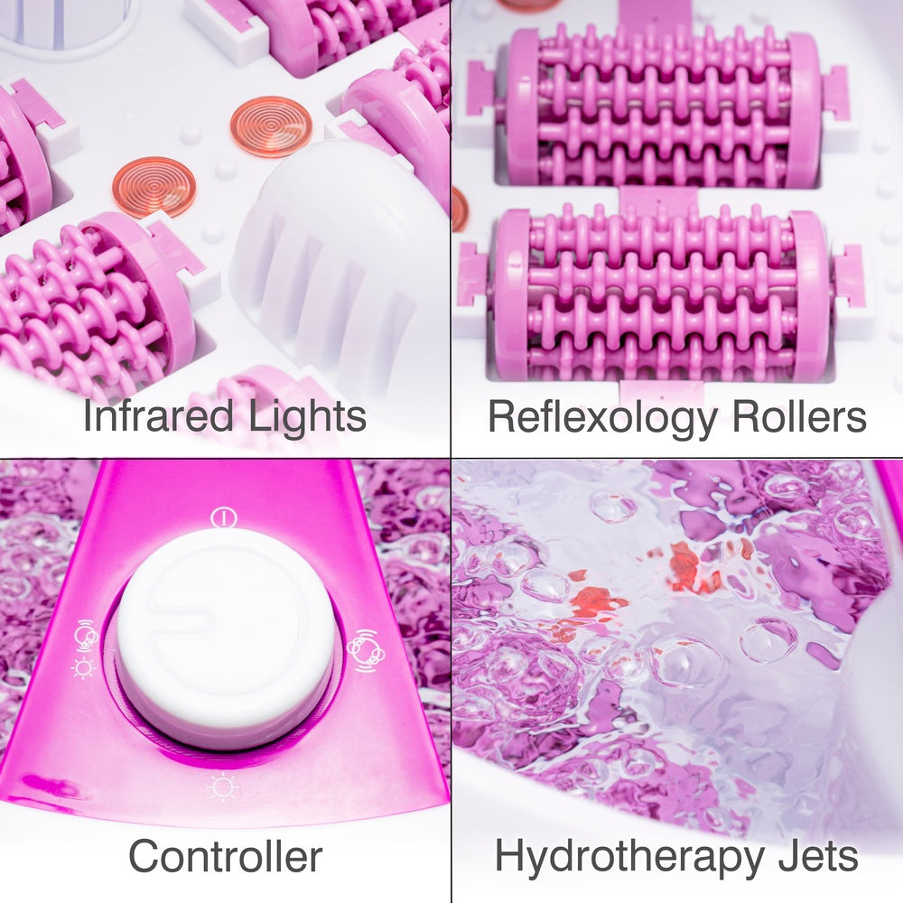 A collage displays close-ups of the Rio Deluxe Foot Spa Bath and Massager - Purple: infrared lights, pink reflexology rollers, a white and pink controller knob, and bubbling hydrotherapy jets in water. Each feature is labeled in bold text.