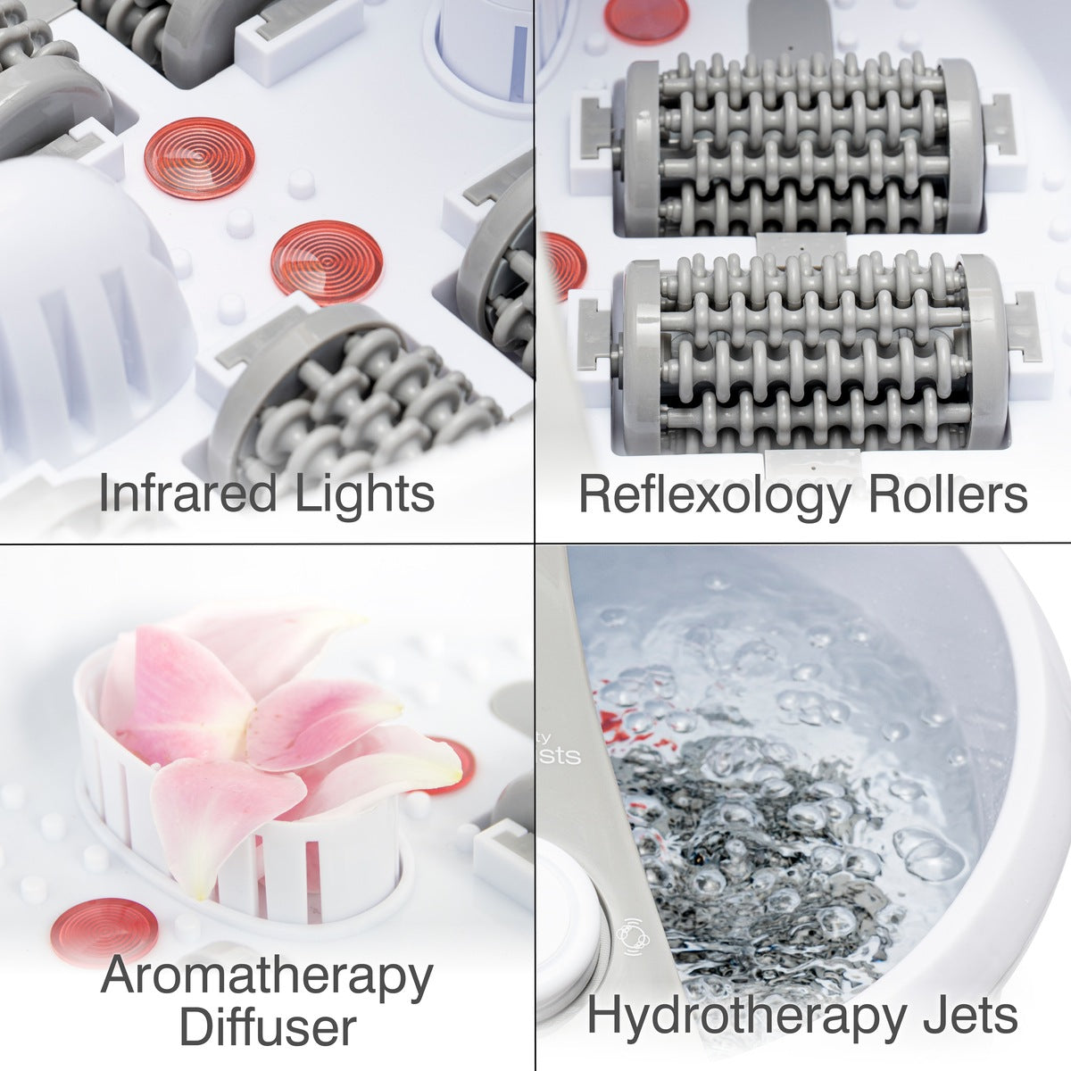 A collage showcases the Rio Deluxe Foot Spa Bath and Massager with labeled features: infrared lights, reflexology rollers, an aromatherapy diffuser with flower petals, and hydrotherapy water jets.