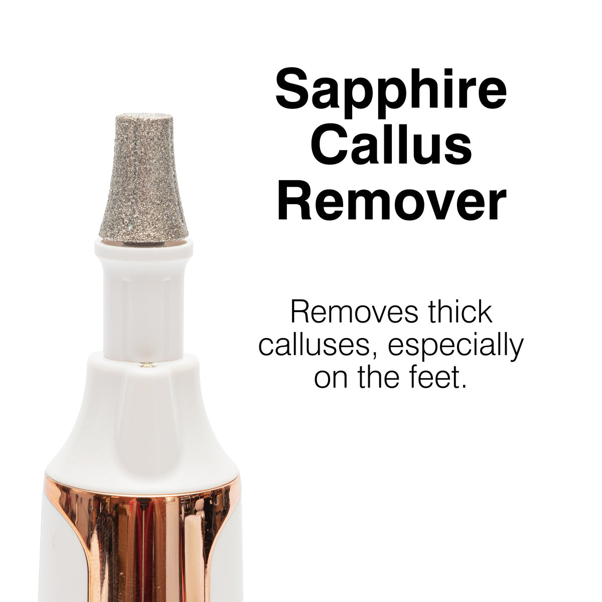 A close-up of the Rio Precision Pro Electric Nail File in a white and gold design. Text reads: Precision Pro Electric Nail File. Delivers precise nail care by removing thick calluses, especially from feet.