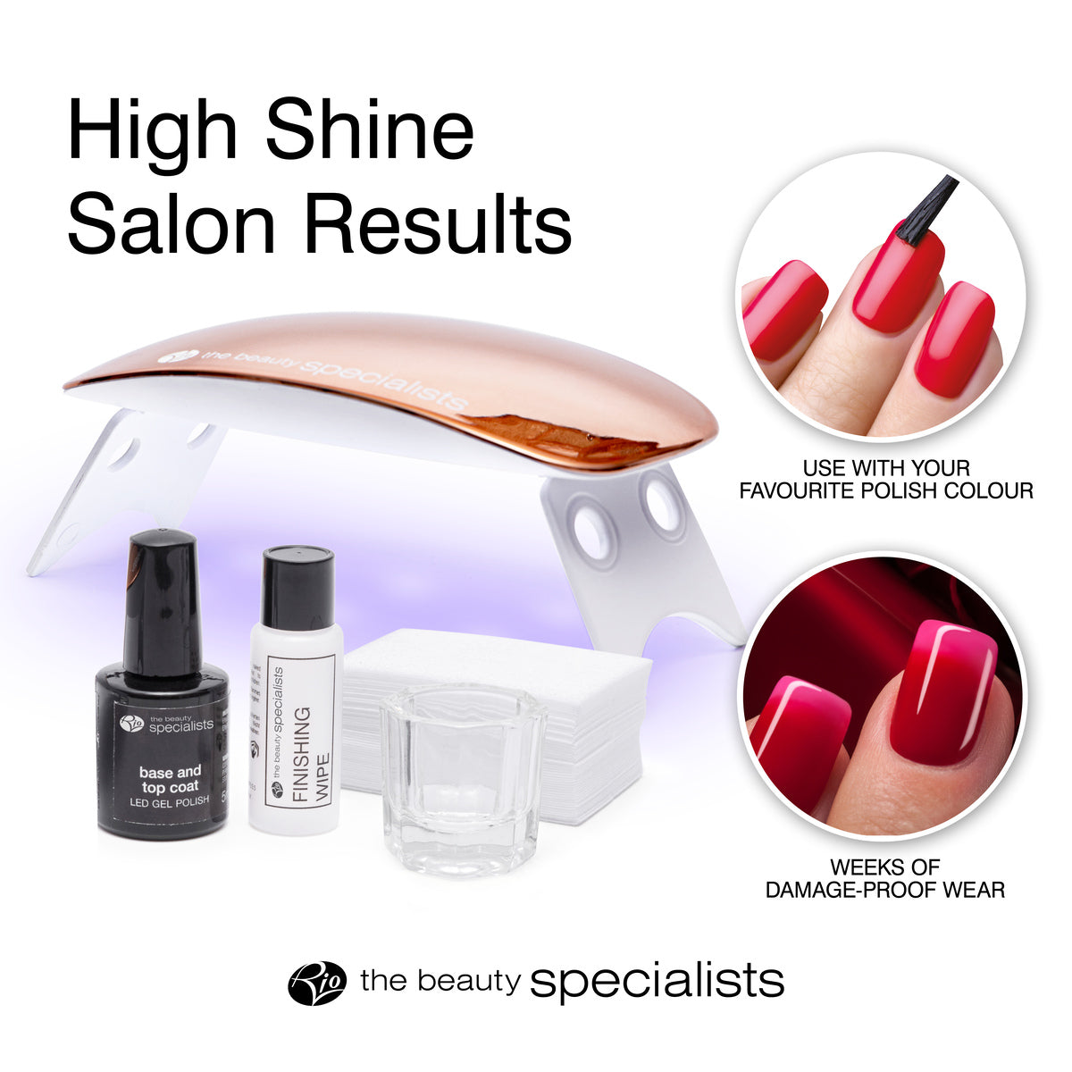 The Rio 14 Day Gel Polish Nails kit includes a rose gold nail lamp, gel polish bottles, wipes, and a glass dish for salon-quality, long-lasting shine. Inset images show manicured red nails being painted with your favorite polish.