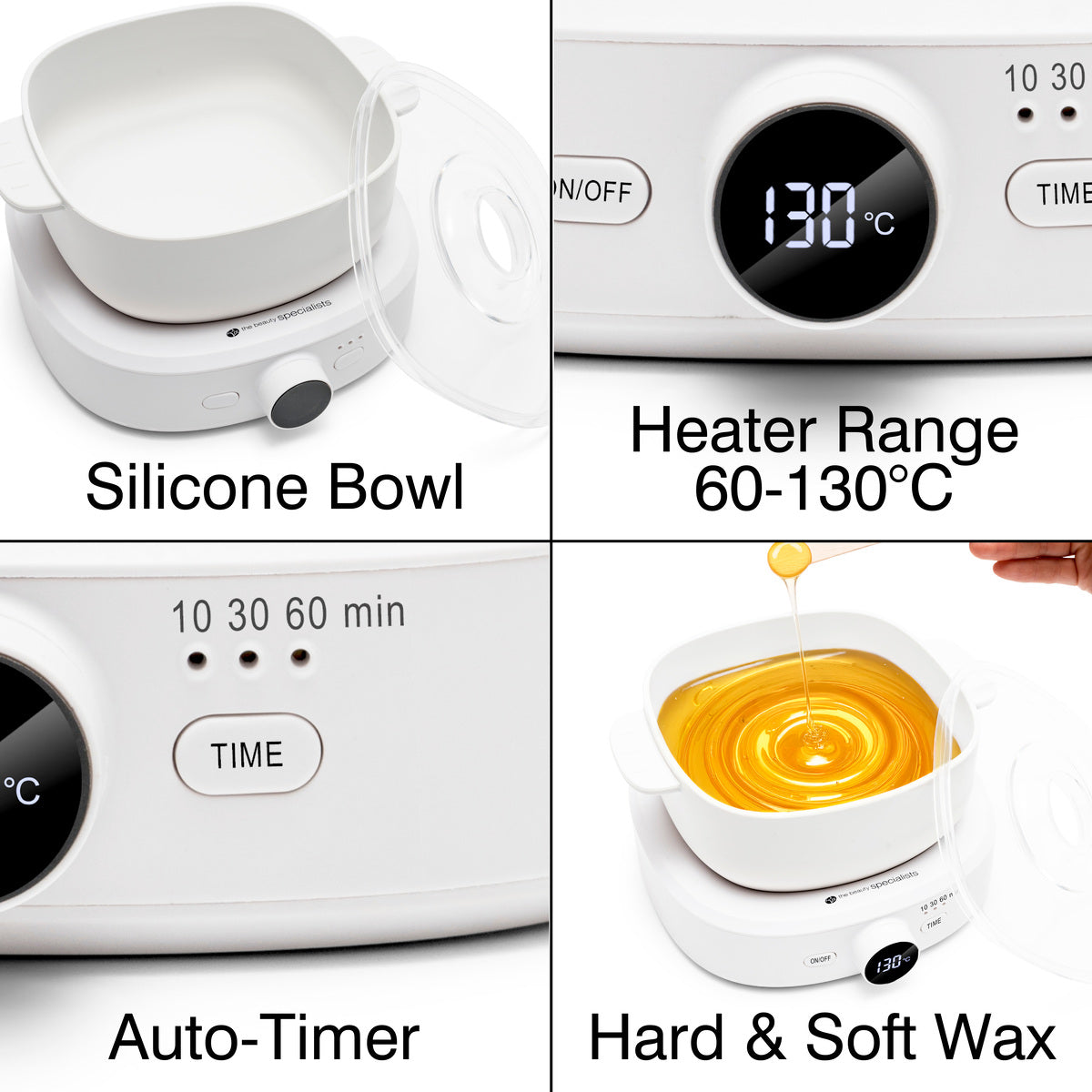 The Rio Go Smooth Hair Removal Wax Heater features a white design, silicone bowl, digital display (60–130°C), auto-timer (10/30/60 min), and easy pouring for wax melts. Labeled features: silicone bowl, heater range, auto-timer, pro results.