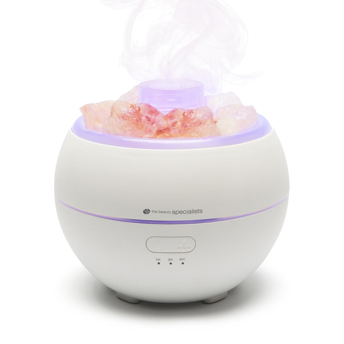 The Rio Aroma Diffuser, Humidifier & Night-Light features a white round design with pink Himalayan rock salt, visible mist on top, soft purple lighting, and front control buttons.