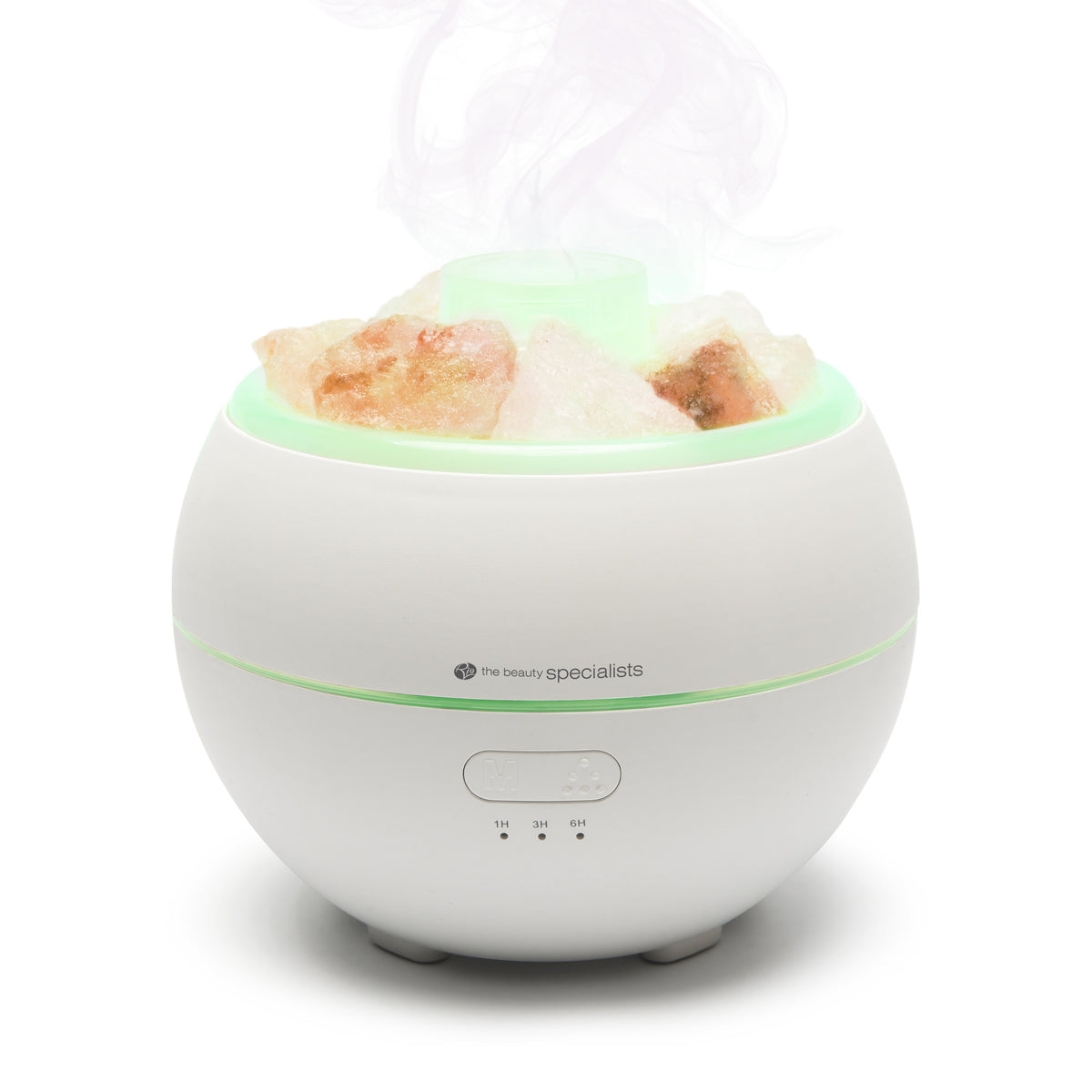 The Rio Aroma Diffuser, Humidifier & Night-Light with Himalayan Rock Salt emits soothing mist and a soft green glow, combining aromatherapy benefits with humidification and relaxing ambiance.