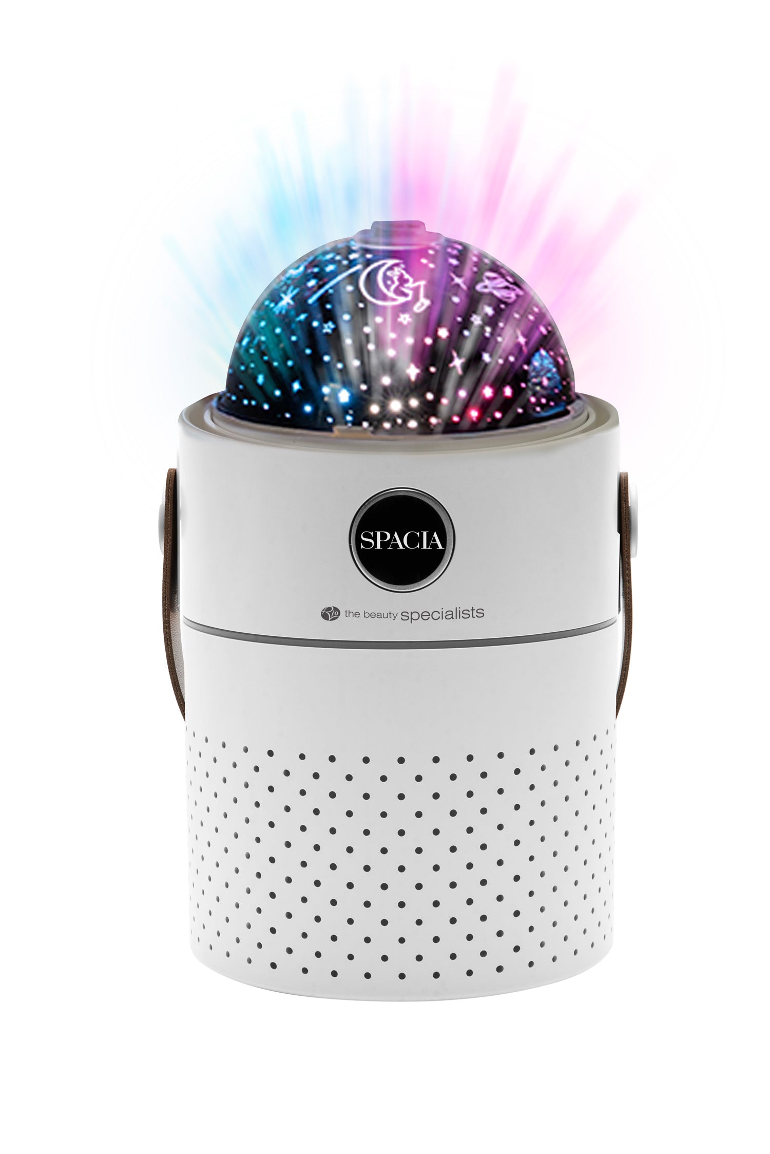 The Rio Galaxy Projector Childrens Essential Oil Diffuser, Humidifier, and Night Light is a white cylindrical device with side handles that projects pink, blue, and purple star-like lights upward through a perforated dome.