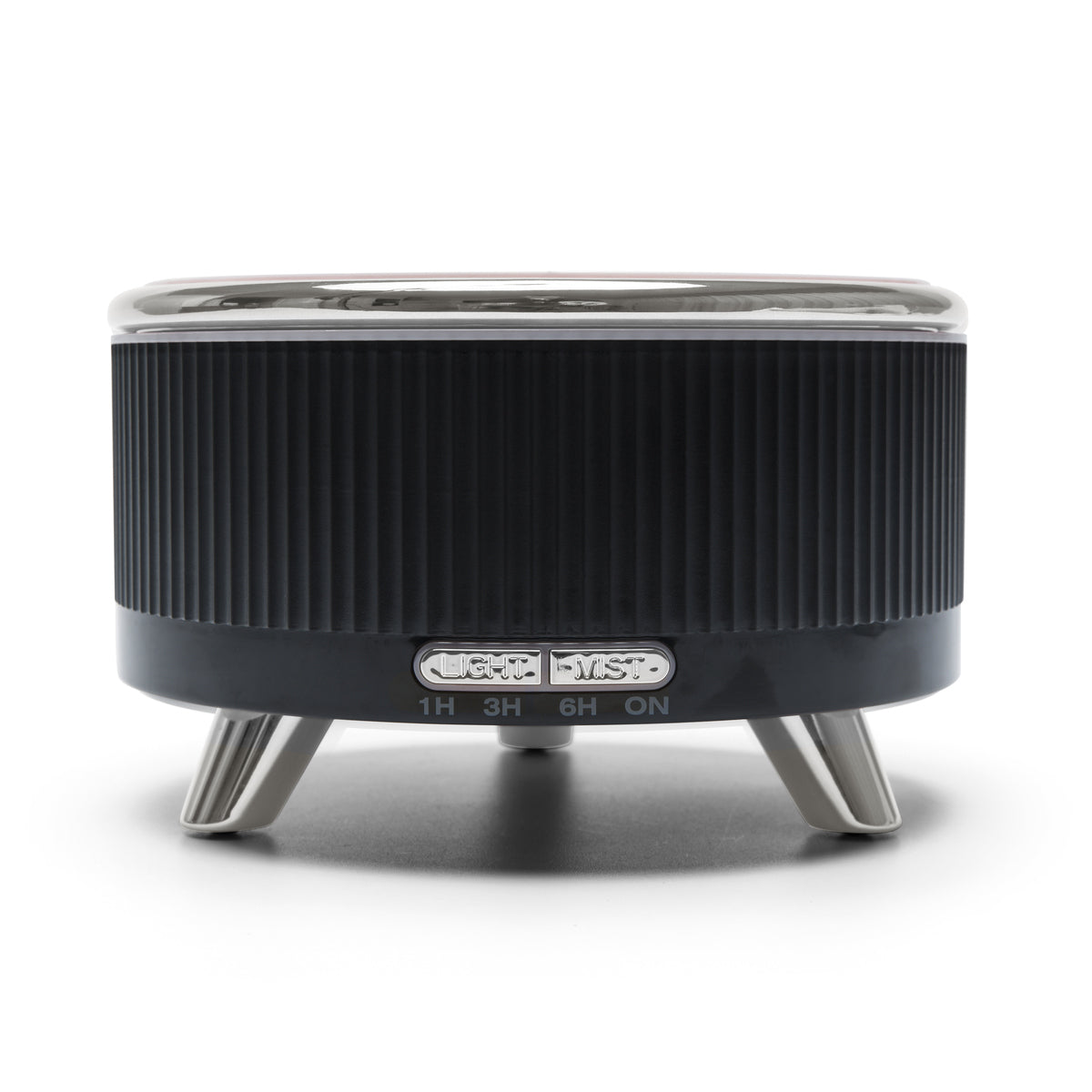 The Rio SONAS Aroma Diffuser, Humidifier & Night-Light is a black and silver cylindrical device with ribbed sides, metal legs, and labeled buttons for 1hr, 3hr, 6hr, and on/off—ideal for humidifying air or diffusing aromatherapy oils.