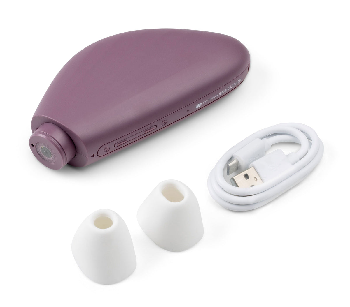 The Rio Pore Perfector Wireless, shown with buttons, a circular opening, two white silicone attachments, and a coiled USB cable on a white background, is perfect for deep pore cleansing and beautiful skin.