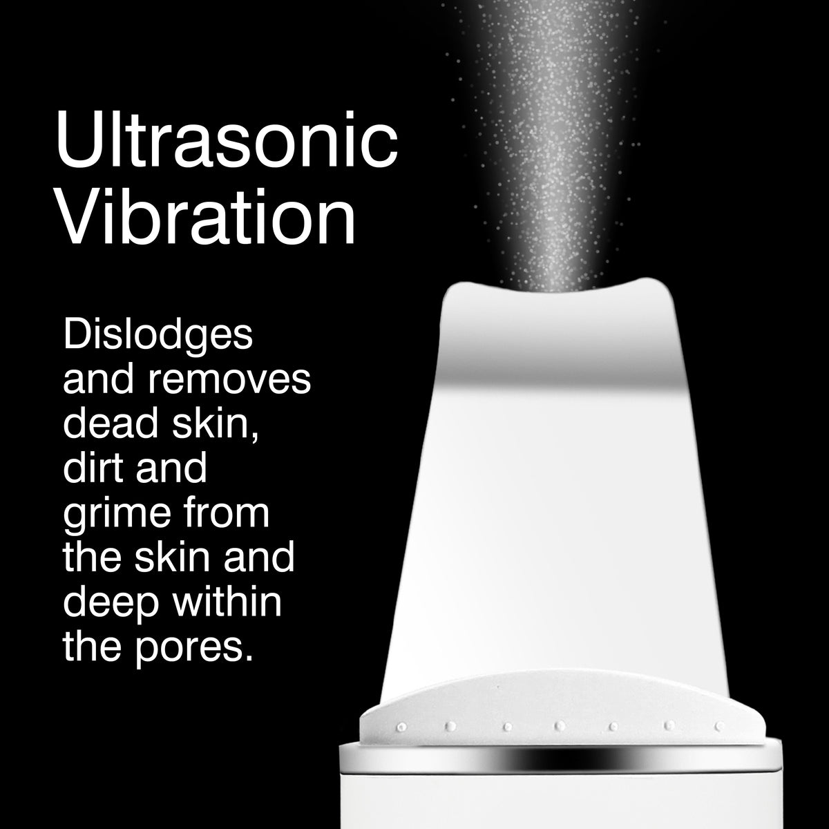 A close-up of the Rio Ultrasonic Skin Cleanser emitting a fine mist, with text highlighting how ultrasonic vibration deeply cleanses by dislodging and removing dead skin, dirt, and grime from pores.