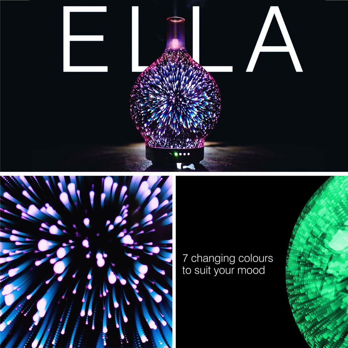 The Rio ELLA Aroma Diffuser, Humidifier and Night-Light features a dynamic firework-style display; close-ups reveal vivid patterns with text highlighting 7 changing colours to match your mood and create a soothing atmosphere.