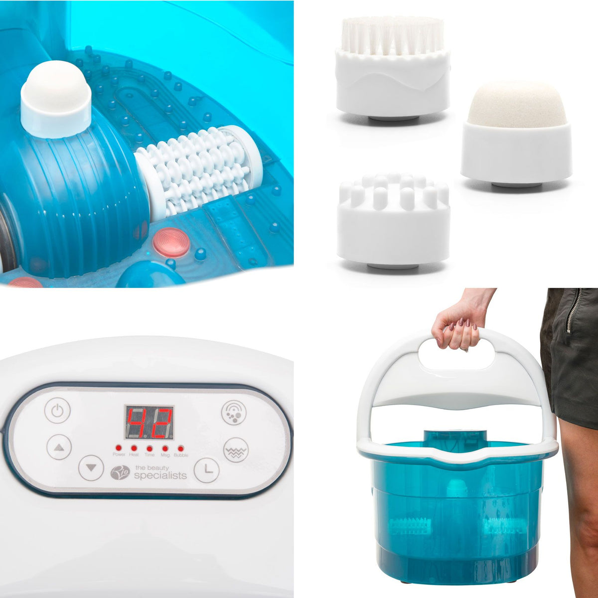 The Rio Multi-Functional Motorised Foot Spa Bath and Massager in blue and white features a digital control panel, handle, and comes with three interchangeable white massage heads shown separately.