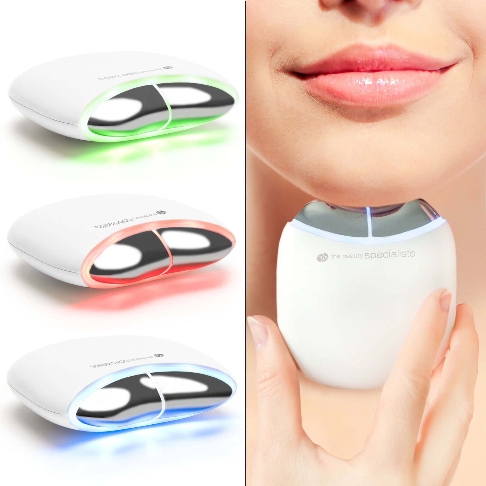 A woman uses the Rio Face Lift & Tone Facial Toner, a sleek handheld skincare device, for skin toning. Three separate images show the white device emitting green, red, and blue LED lights.
