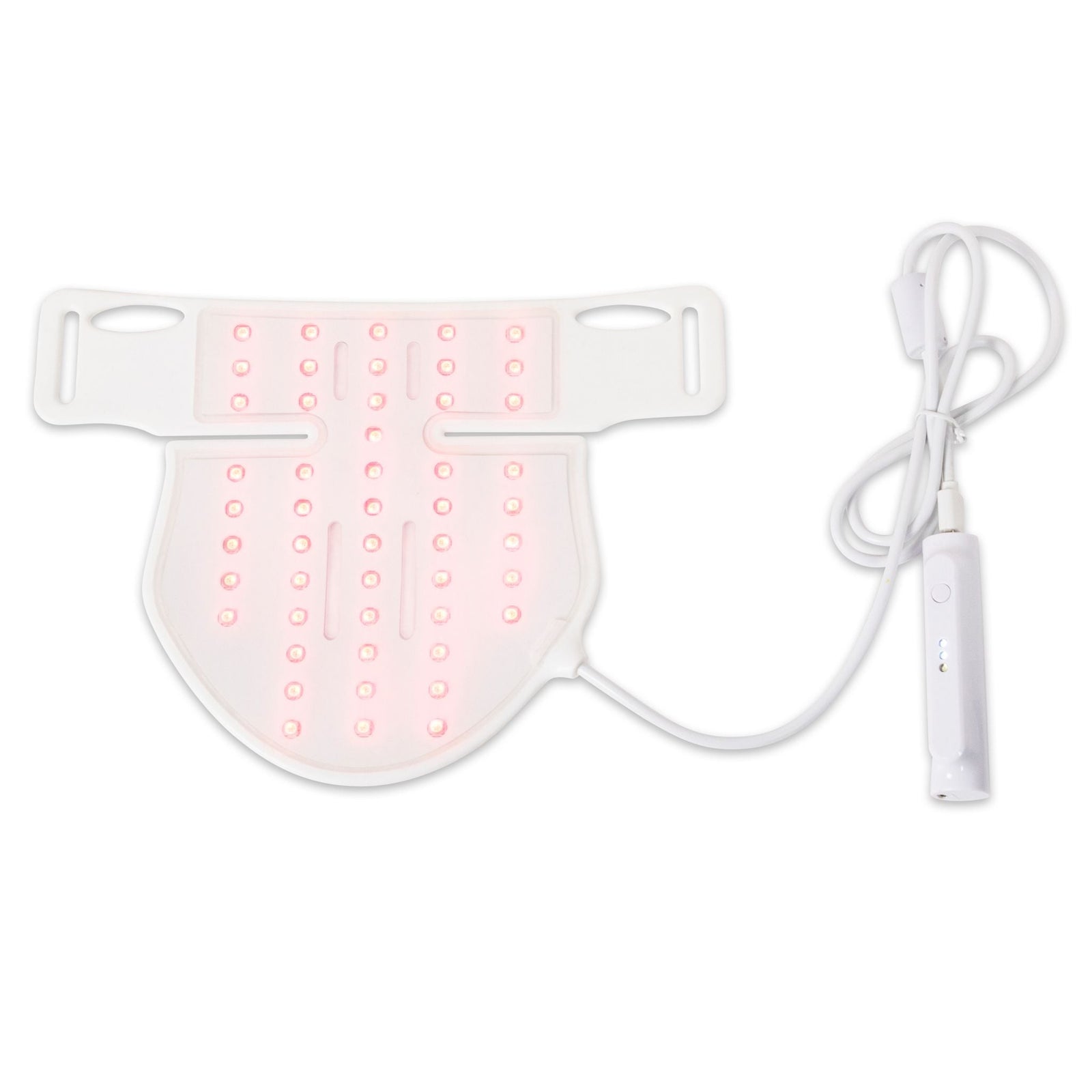 The Rio décoLITE Anti-Ageing Light Treatment is a white flexible LED mask with glowing red lights, face-fitting design, two slots at the top, and a corded connection to a white control unit for radiant skin.