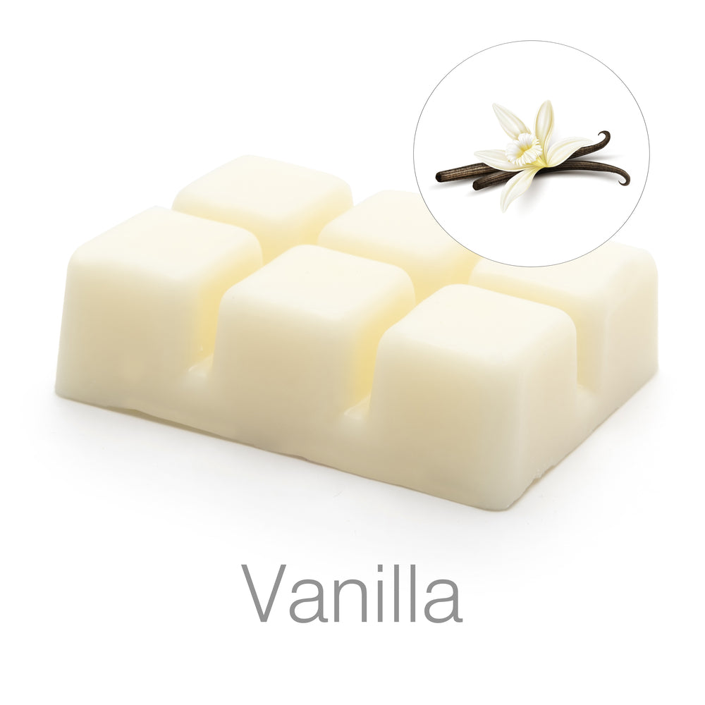 Rio Scented Soy Wax Melt - Vanilla Fragrance: a creamy white bar with six segments, featuring an image of vanilla beans and flower—ideal for your favorite wax burners.