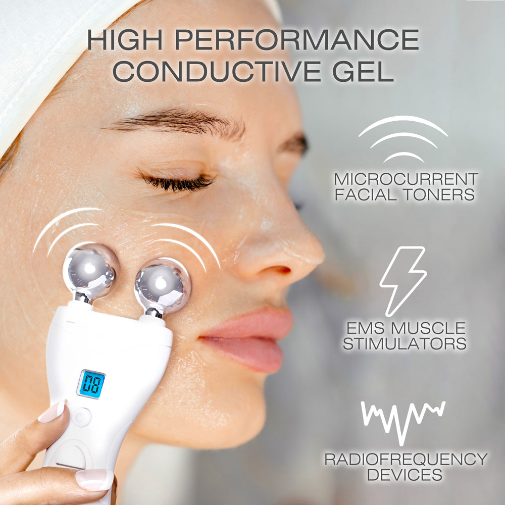 A woman applies Rio EMS, TENS, Electrolytic and Micro-Current Toning Conductive Gel 85ml to her cheek while using a facial device. The image highlights its benefits for microcurrent, EMS toning, and radiofrequency use. Text: High Performance Conductive Gel.