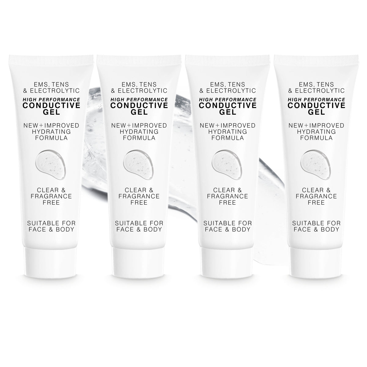 Four white tubes of Rio EMS, TENS, Electrolytic and Micro-Current Toning Conductive Gel (4 x 85ml) are lined up. The clear, fragrance-free gel suits face and body use. A smear of the conductive gel appears in the background.