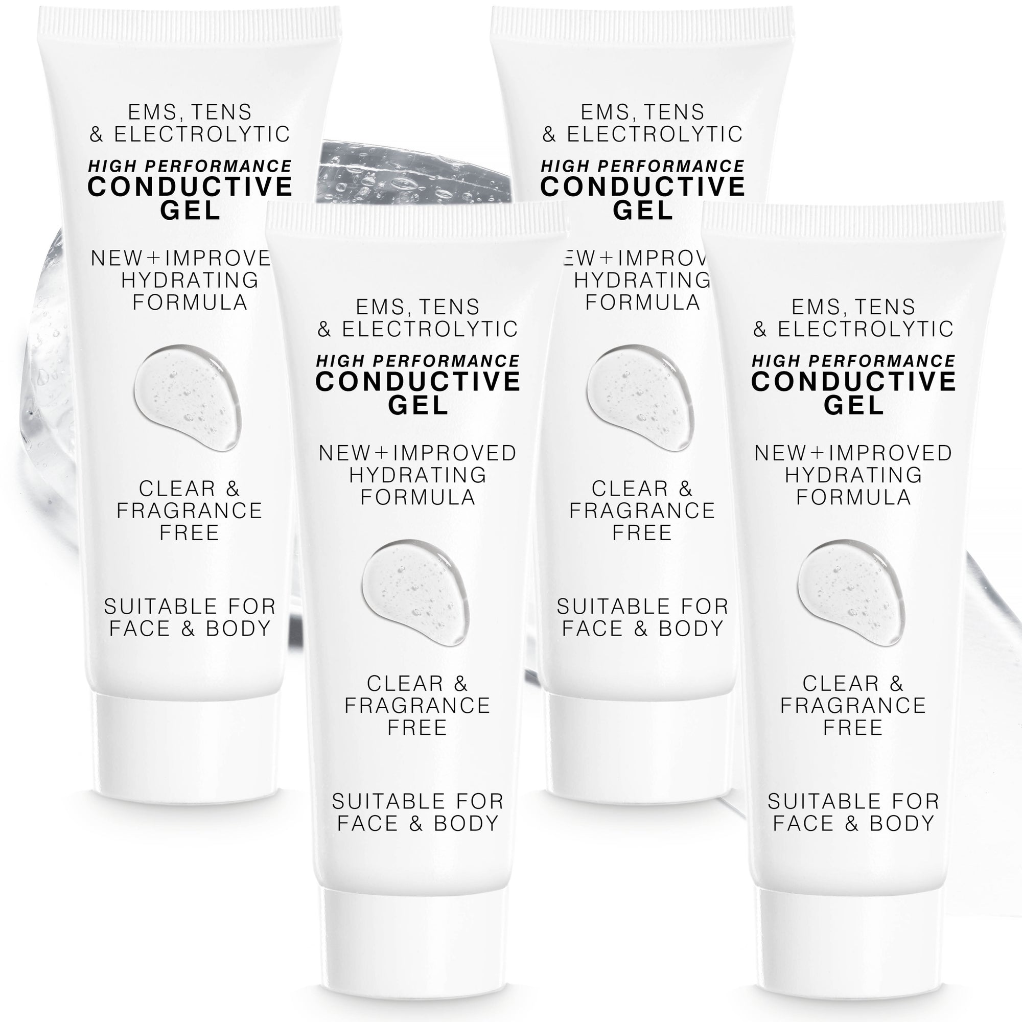 Four white tubes of Rio EMS, TENS, Electrolytic and Micro-Current Toning Conductive Gel (4 x 85ml), featuring a hydrating, clear, fragrance-free formula—ideal for face and body with any micro-current or EMS toning system.