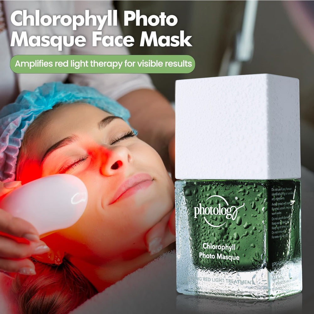 A woman receives red light therapy on her face, with a close-up of the green Rio Photology Chlorophyll Light Serum Masque bottle in the foreground. Text highlights chlorophyll face masks and LED Face Masks for improved skin elasticity benefits.