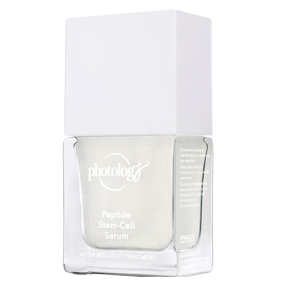 A minimalist clear glass bottle labeled Rio Photology Peptide Stem-Cell Serum | Step Three | 30ml, featuring a white square cap, designed for use after red light therapy.