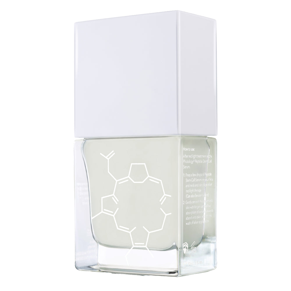 A clear glass bottle with a white square cap contains Rio’s Photology Peptide Stem-Cell Serum, a transparent liquid. The bottle displays minimalistic text on the side and a white geometric chemical structure design.