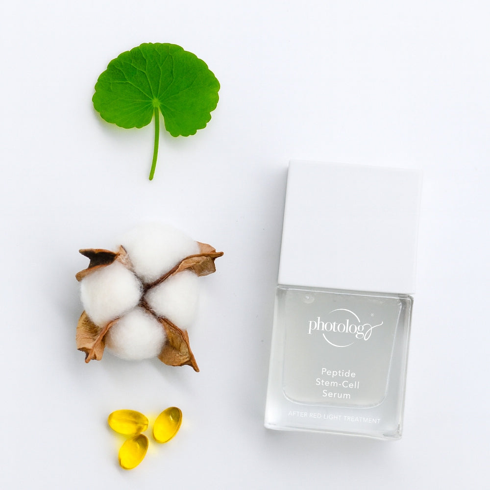 A bottle of Rio Photology Peptide Stem-Cell Serum is displayed on a white background, accompanied by a green leaf, a piece of cotton, and two yellow capsules.