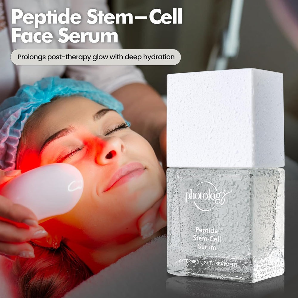 A woman receives facial light therapy wearing a blue hair cover. In the foreground, Rio Photology Peptide Stem-Cell Serum is displayed. Text highlights the serum’s hydrating benefits.