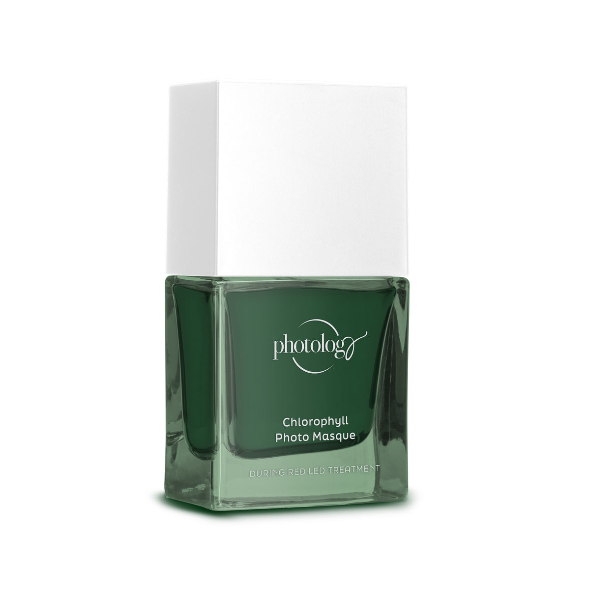 A green glass bottle labeled Rio Photology Chlorophyll Light Serum Masque with a white rectangular cap, designed for use during LED Red Light treatment.