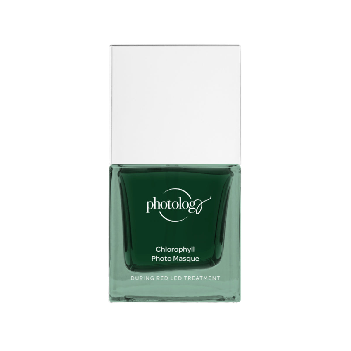 A bottle of Rio Photology Chlorophyll Light Serum Masque, featuring dark green liquid in a clear base with a white label and cap. The label mentions use during LED Red Light treatment to enhance light therapy results.